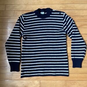 Le Minor France Pure Virgin Wool Breton Striped Button Shoulder Sweater Navy L